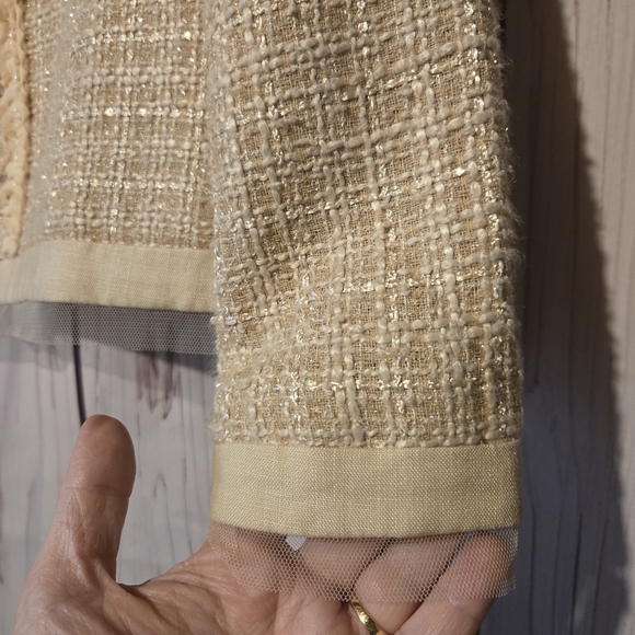 Berek Tan Tweed Lined Blazer with Ruffled Jeweled Trim Womens Medium - Picture 4 of 8